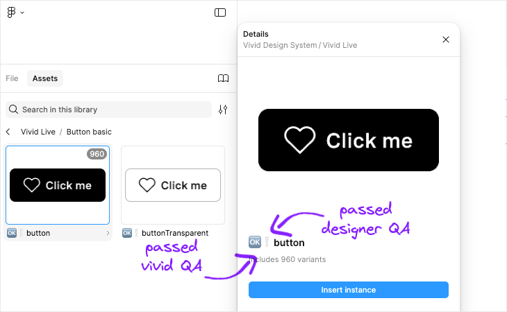 component icons guide - OK for vivid QA, ! for designers QA