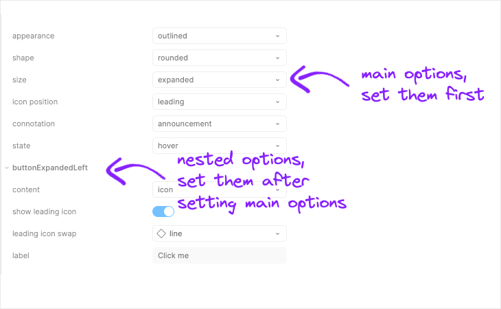 nested and main component options